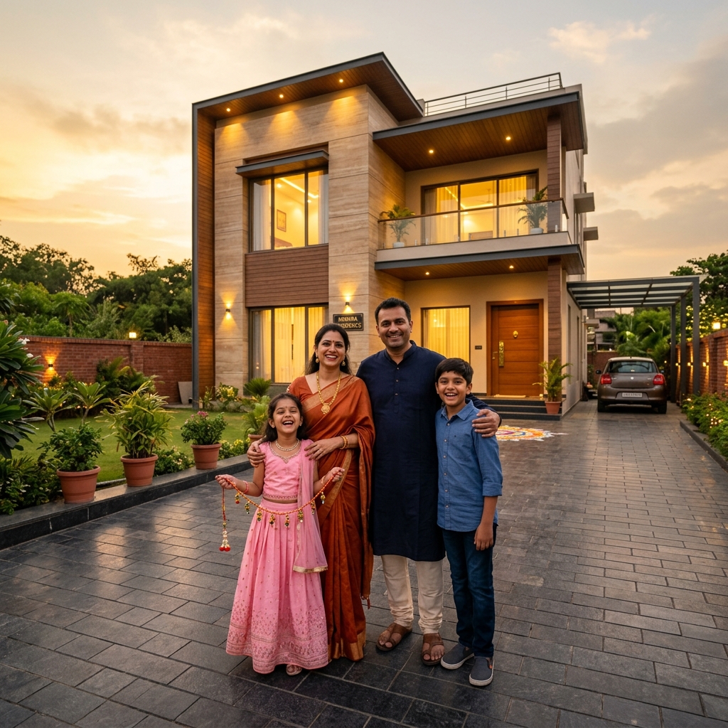 Happy family in front of their dream home